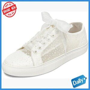 Bridal Sneakers Lace-Up Flats Wedding Shoes Ivory Lace Rhinestone Embellished